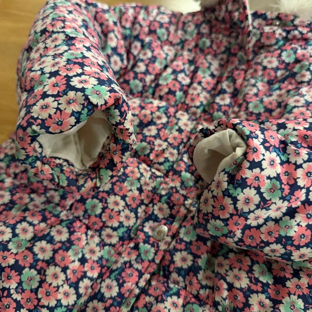 Carter's Girls 4T Floral Puffer Jacket Pink Blue Hooded Fleece Lined Winter Coat